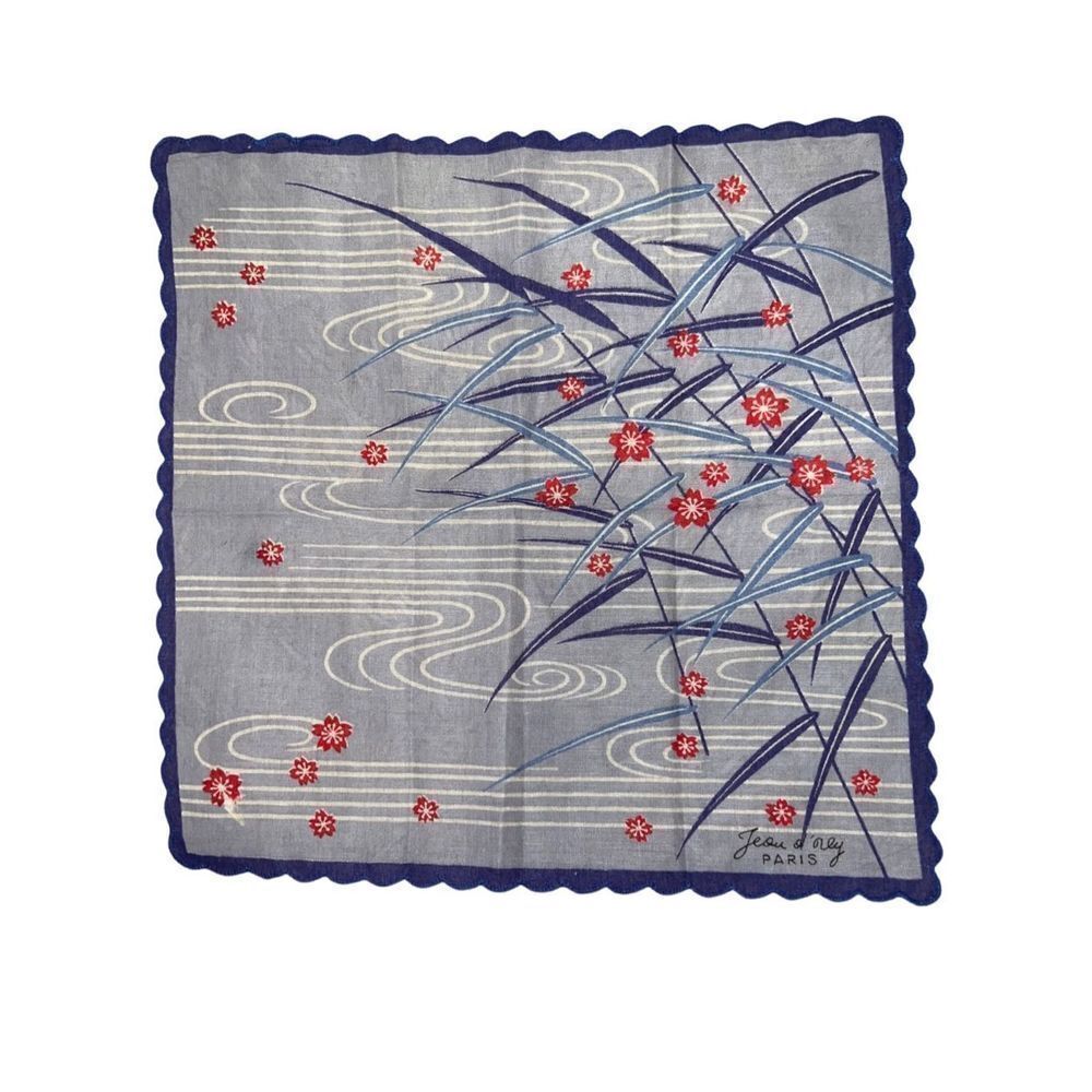 Vintage Signed Asian Floral Handkerchief Hankie Paris Red Blue Scalloped Edge